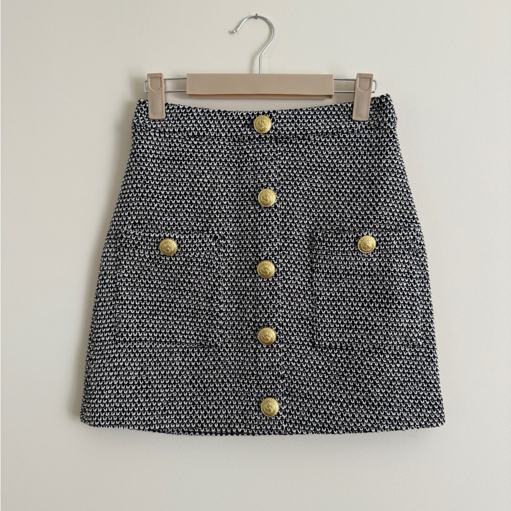 L'AGENCE Textured Black and White Mini Skirt with Gold Accents